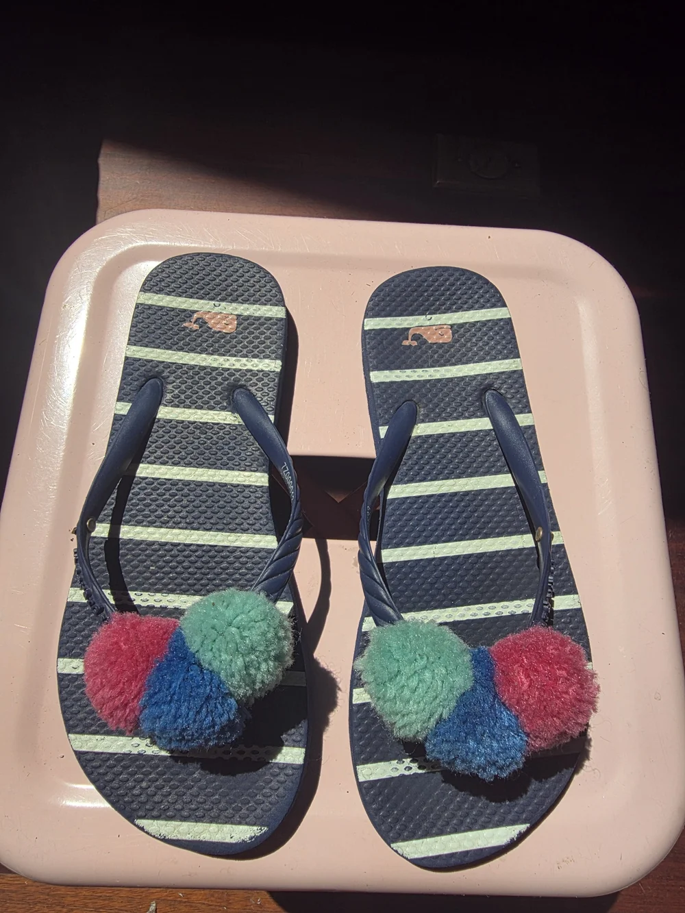 Vineyard Vines Navy Stripe Flip Flops with Pink Blue Green Pom Poms